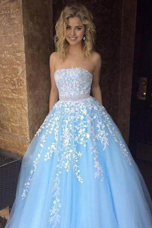 Vestidos de fiesta largos sin tirantes de tul con apliques de encaje princesa de corte A